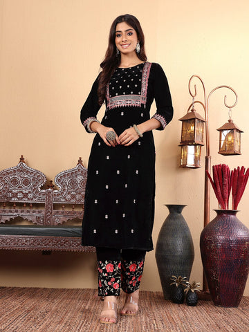 Varanga Floral Embroidered Zari Velvet Kurta with Trousers & Dupatta